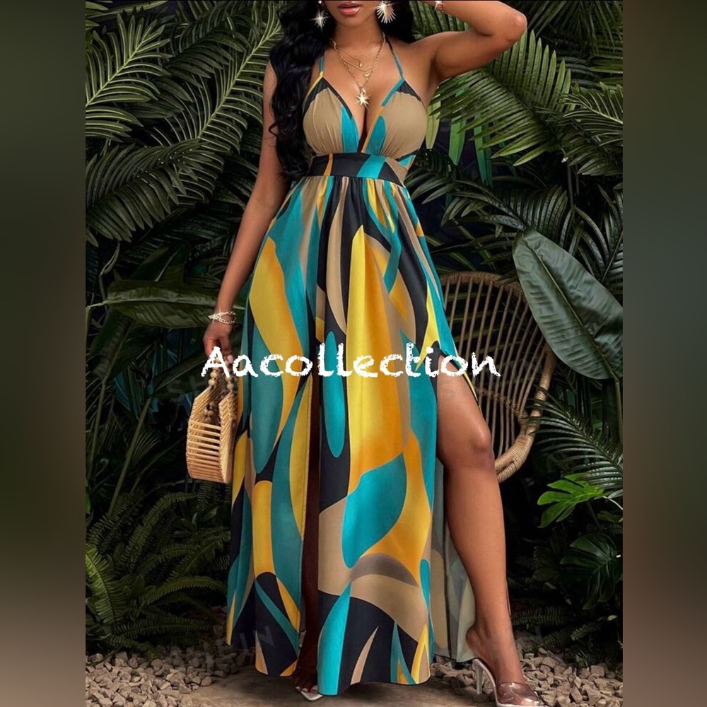 Boho Abstract Print Double Slit Backless Open Back Maxi Dress - Picture 6 of 6